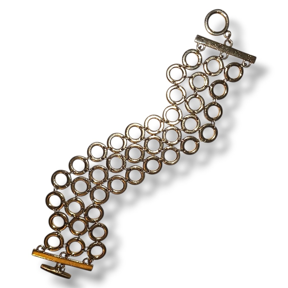 Gold Tone Multi Ring Link Bracelet 7.5" Wide Statement Toggle Chain Bold - Picture 3 of 3